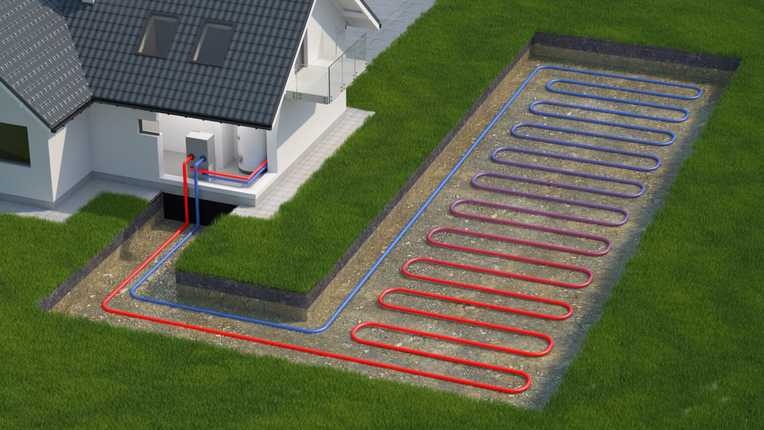 A diagram illustrates how geothermal systems work, with red and blue lines indicating the flow of heat between a house and an underground loop.