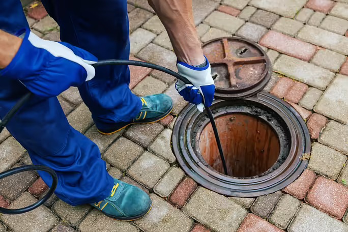 A worker wearing protective gear is using a tool to service a septic drain.