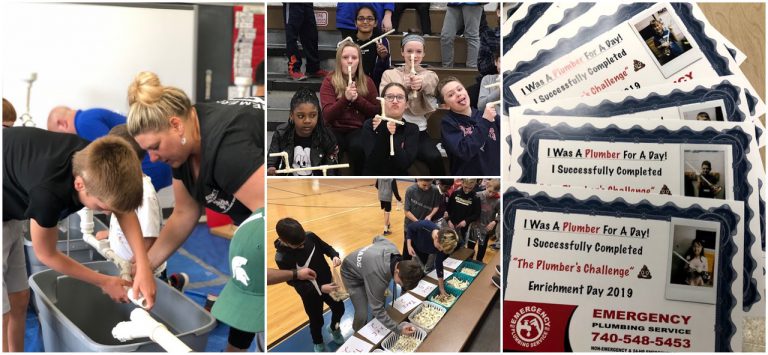 A photo collage shows students participating in an activity called "The Plumber's Challenge"